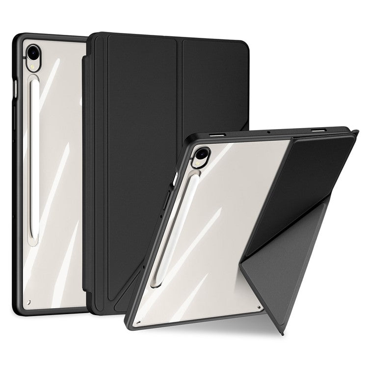 DUX DUCIS Magi Series for Samsung Galaxy Tab S9 / S9 FE Case Origami Stand Leather+PC+TPU Clear Back Cover - Black