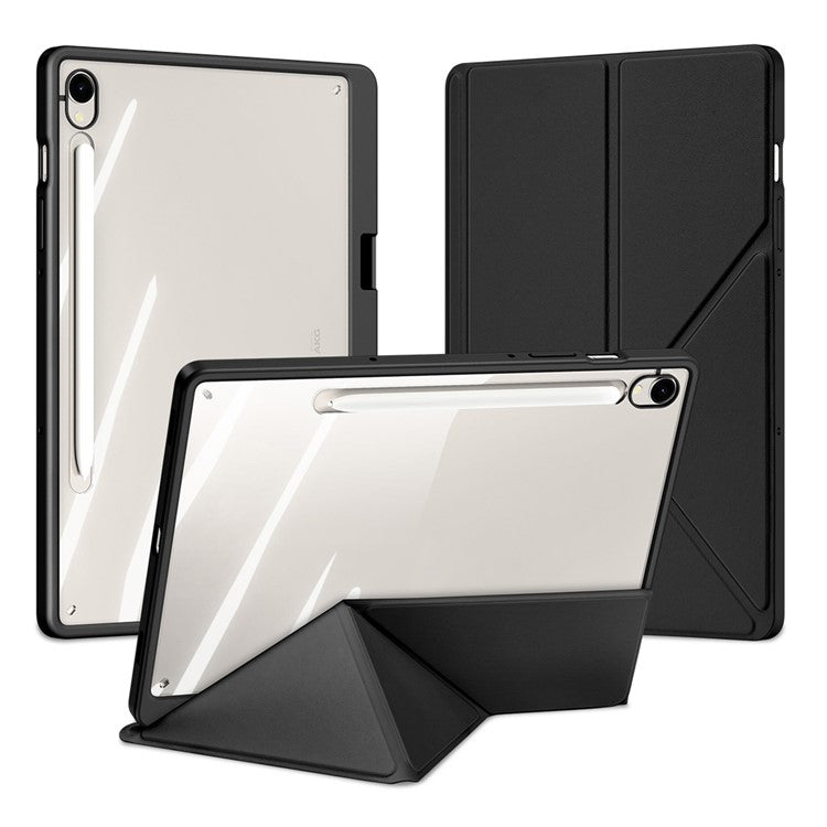 DUX DUCIS Magi Series for Samsung Galaxy Tab S9 / S9 FE Case Origami Stand Leather+PC+TPU Clear Back Cover - Black