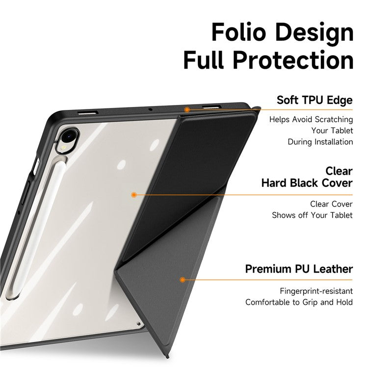 DUX DUCIS Magi Series for Samsung Galaxy Tab S9 / S9 FE Case Origami Stand Leather+PC+TPU Clear Back Cover - Black