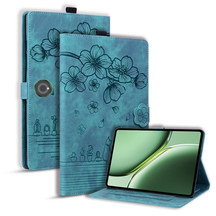 For OnePlus Pad Pro / Pad 2 Case Card Slots Leather Tablet Stand Folio Cover Flower Cat - Green