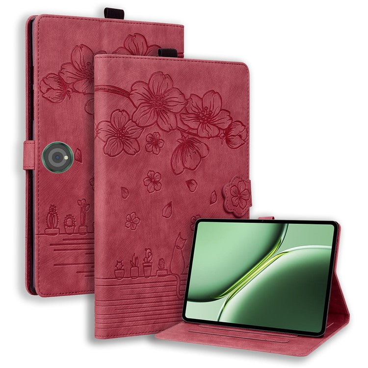 For OnePlus Pad Pro / Pad 2 Case Card Slots Leather Tablet Stand Folio Cover Flower Cat - Wine Red