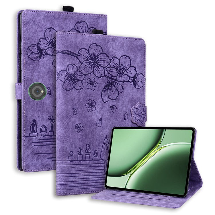 For OnePlus Pad Pro / Pad 2 Case Card Slots Leather Tablet Stand Folio Cover Flower Cat - Purple