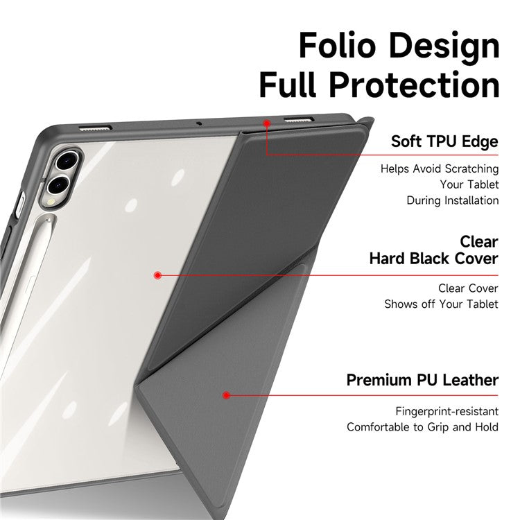 DUX DUCIS Magi Series for Samsung Galaxy Tab S10+ / S9+ / S9 FE+ Case Origami Stand Leather+PC+TPU Clear Back Cover - Grey