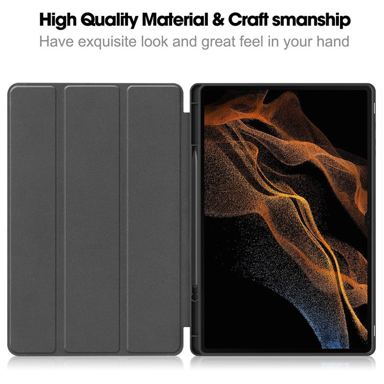 For Samsung Galaxy Tab S10 Ultra Stand Case Shock-Absorbent Leather Tablet Cover with Pen Slot - Black