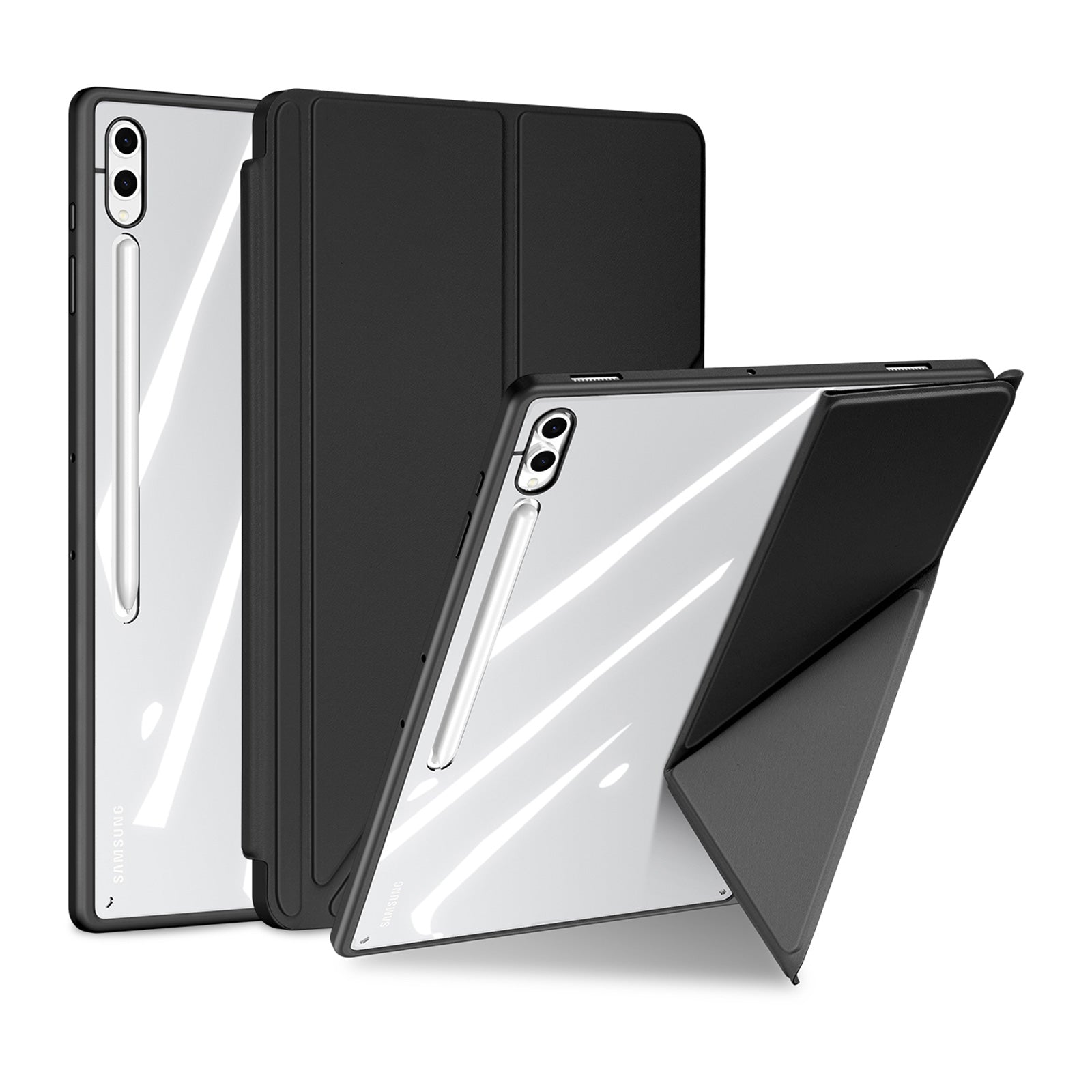 For Samsung Galaxy Tab S10 Ultra / Galaxy Tab S9 Ultra / Galaxy Tab S8 Ultra Case DUX DUCIS Magi Series Detachable Origami Stand Leather+PC+TPU Clear Back Cover - Black