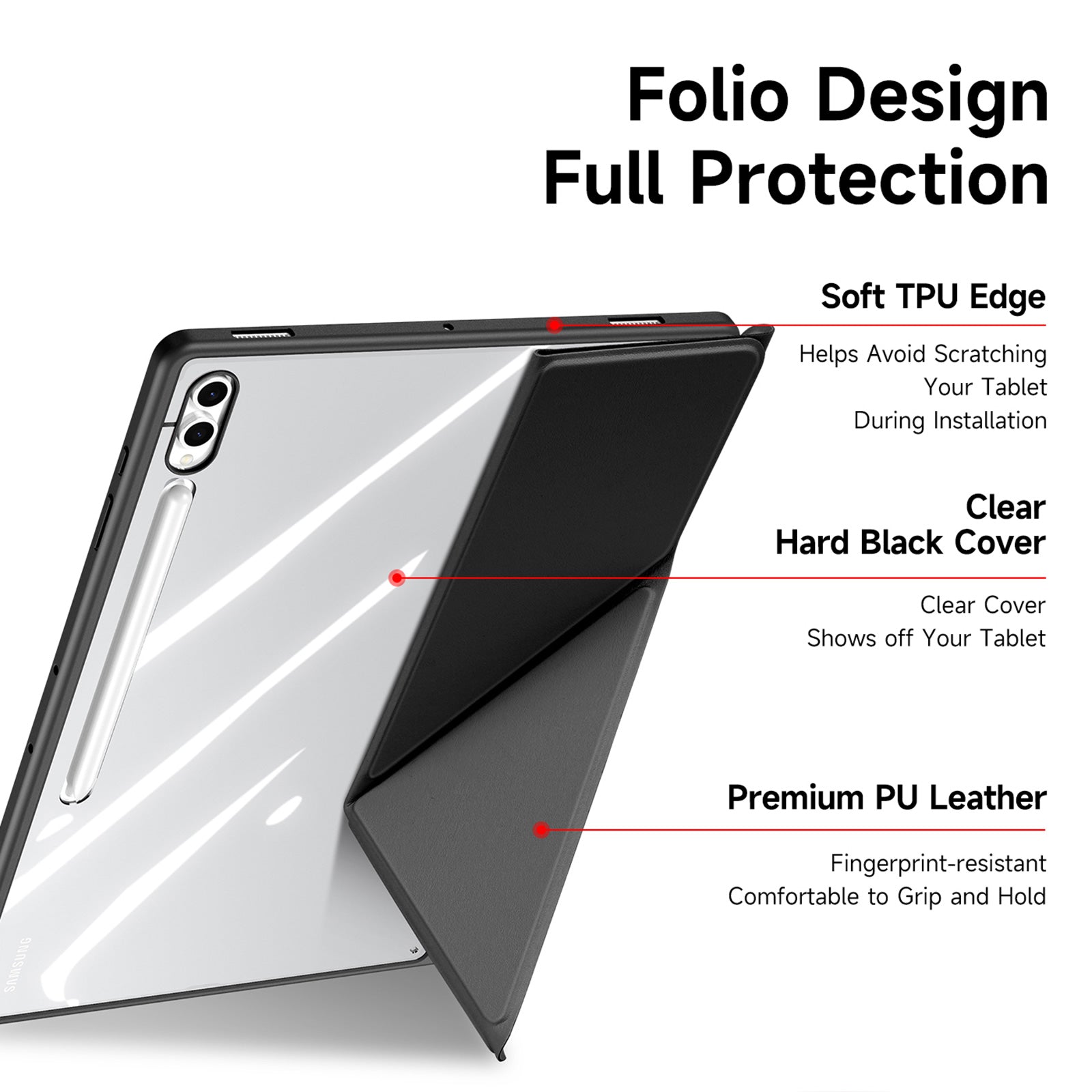 For Samsung Galaxy Tab S10 Ultra / Galaxy Tab S9 Ultra / Galaxy Tab S8 Ultra Case DUX DUCIS Magi Series Detachable Origami Stand Leather+PC+TPU Clear Back Cover - Black