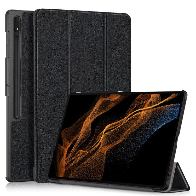 Leather Case for Samsung Galaxy Tab S10 Ultra Wi-Fi SM-X920 SM-X926B / Tab S9 Ultra SM-X910 M-X916B SM-X918U , Tri-Fold Stand Anti-Drop Tablet Cover - Black