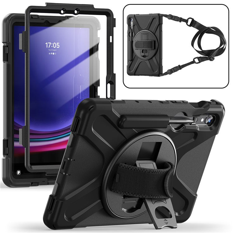 For Samsung Galaxy Tab S9 FE / S9 X710  /  S8 X700  /  S7 T870 PC+Silicone Tablet Case Kickstand Cover with Hand Strap  /  Shoulder Strap - Black