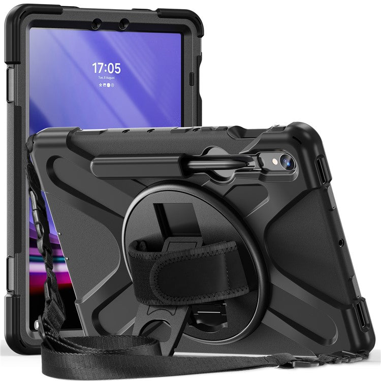 For Samsung Galaxy Tab S9 FE / S9 X710  /  S8 X700  /  S7 T870 PC+Silicone Tablet Case Kickstand Cover with Hand Strap  /  Shoulder Strap - Black