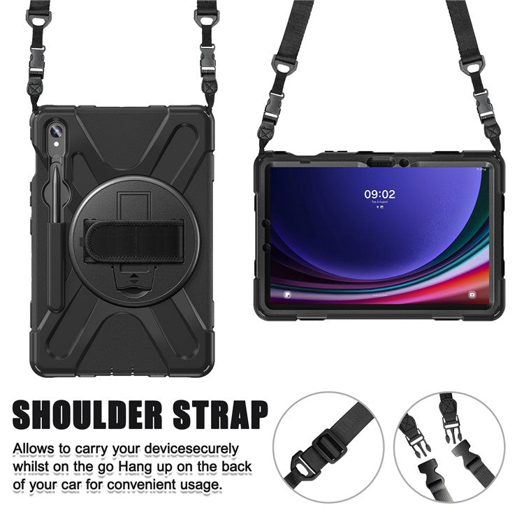 For Samsung Galaxy Tab S9 FE / S9 X710  /  S8 X700  /  S7 T870 PC+Silicone Tablet Case Kickstand Cover with Hand Strap  /  Shoulder Strap - Black