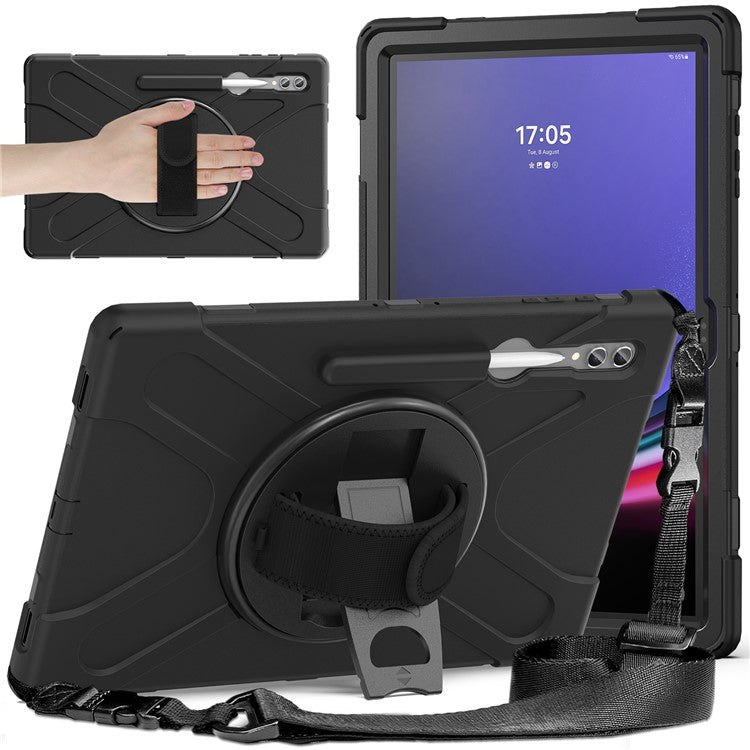 For Samsung Galaxy Tab S10 Ultra X920 / S9 Ultra X910 / S8 Ultra X900 / X906 PC+Silicone Tablet Case Hand Band Kickstand with Shoulder Strap - Black