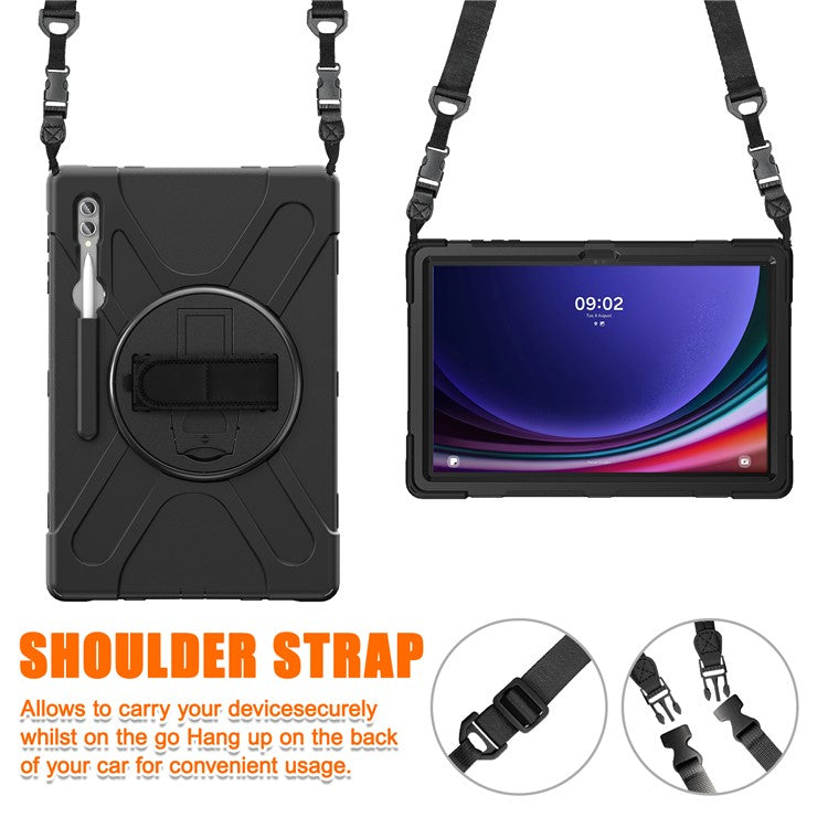 For Samsung Galaxy Tab S10 Ultra X920 / S9 Ultra X910 / S8 Ultra X900 / X906 PC+Silicone Tablet Case Hand Band Kickstand with Shoulder Strap - Black