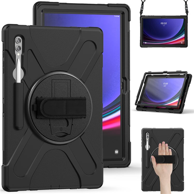 For Samsung Galaxy Tab S10 Ultra X920 / S9 Ultra X910 / S8 Ultra X900 / X906 PC+Silicone Tablet Case Hand Band Kickstand with Shoulder Strap - Black