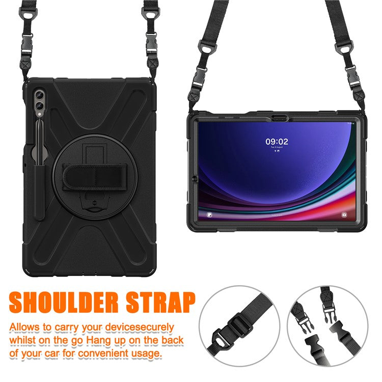 For Samsung Galaxy Tab S10+ X826 / S9 FE+ / S9+ / S8+ / S7+ Shockproof PC+Silicone Rugged Tablet Case Kickstand with Hand Band  /  Shoulder Strap - Black