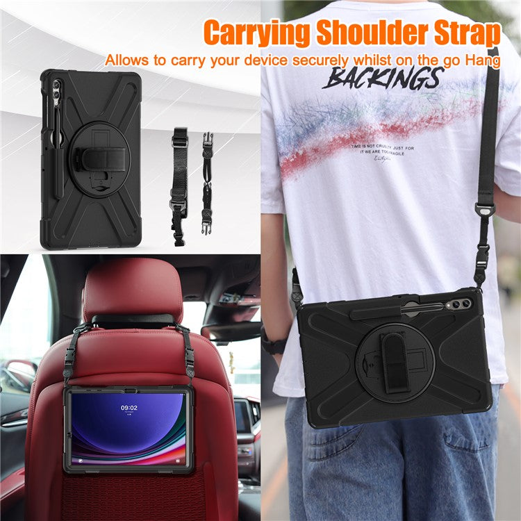 For Samsung Galaxy Tab S10+ X826 / S9 FE+ / S9+ / S8+ / S7+ Shockproof PC+Silicone Rugged Tablet Case Kickstand with Hand Band  /  Shoulder Strap - Black