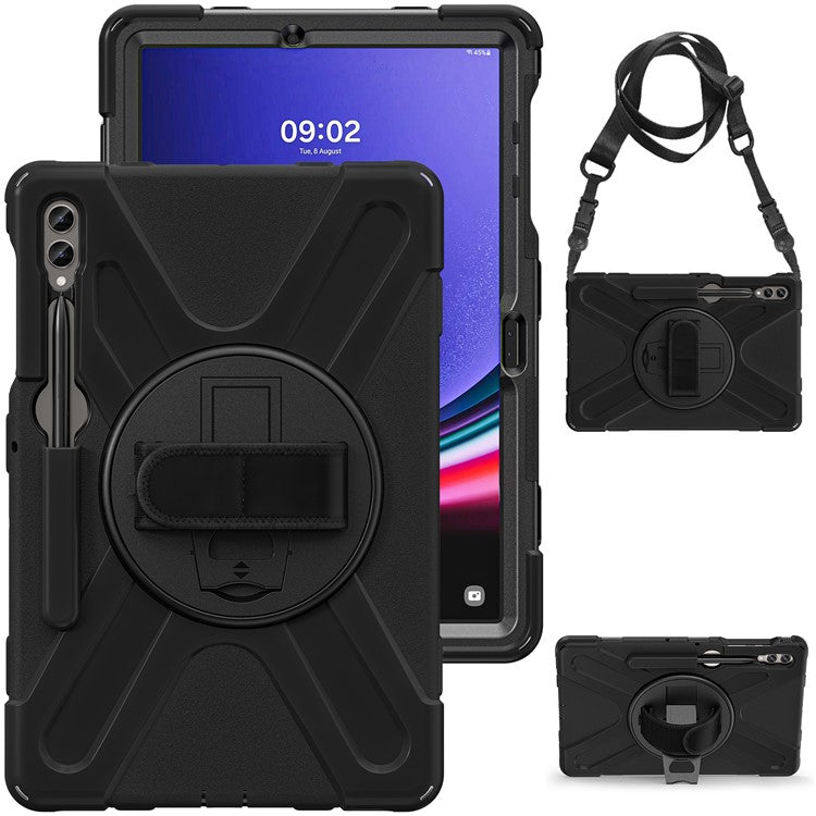 For Samsung Galaxy Tab S10+ X826 / S9 FE+ / S9+ / S8+ / S7+ Shockproof PC+Silicone Rugged Tablet Case Kickstand with Hand Band  /  Shoulder Strap - Black