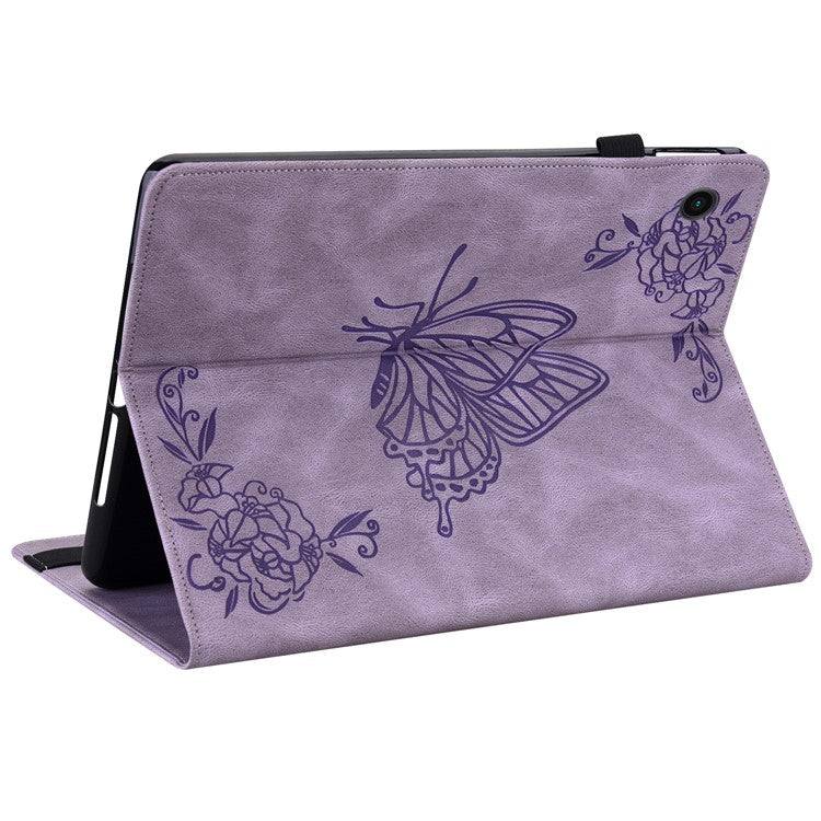 For Samsung Galaxy Tab A9+ Card Holder Tablet Case PU Leather Butterfly Flower Imprinted Stand Cover - Purple