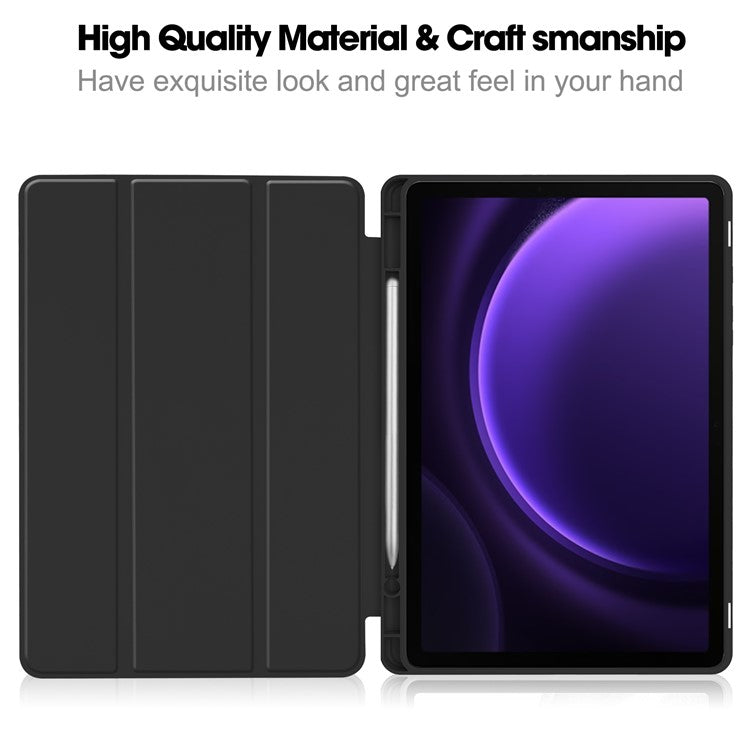 For Samsung Galaxy Tab S9 FE Leather Case Tri-fold Stand Pen Slot Tablet Cover - Black