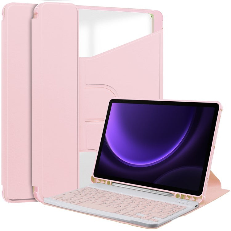 For Samsung Galaxy Tab S9 FE Case Leather+Acrylic Rotary Stand Cover with Bluetooth Keyboard - Pink