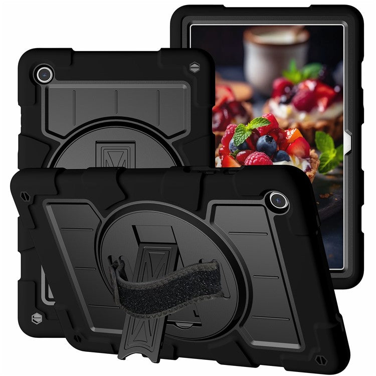 For Samsung Galaxy Tab A9+ Kickstand Case Rotating Hand Strap PC+TPU Tablet Cover with Shoulder Strap - Black