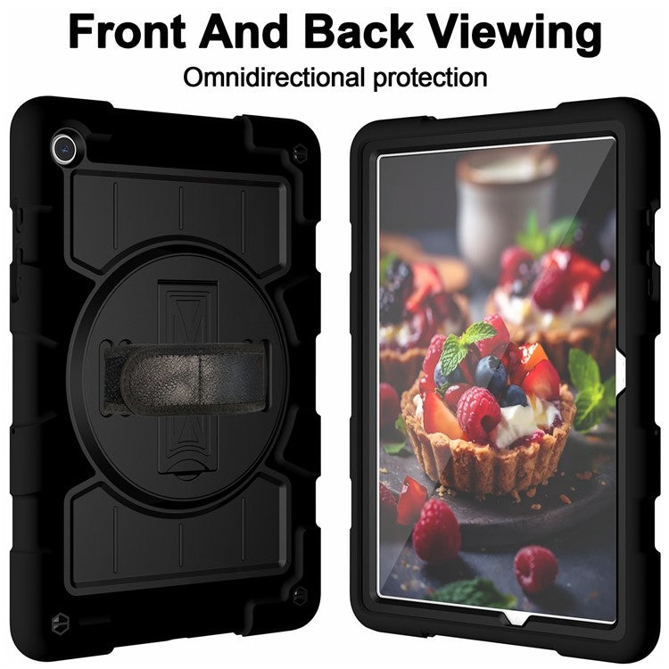 For Samsung Galaxy Tab A9+ Kickstand Case Rotating Hand Strap PC+TPU Tablet Cover with Shoulder Strap - Black