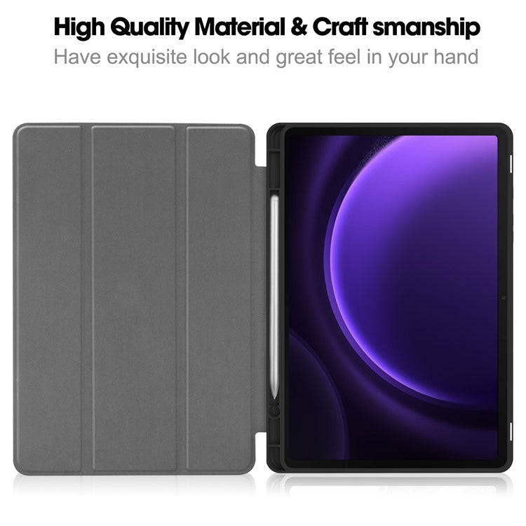 For Samsung Galaxy Tab S9 FE / Tab S9 Smart Case PU Leather+TPU Trifold Stand Tablet Cover with Pencil Holder - Black