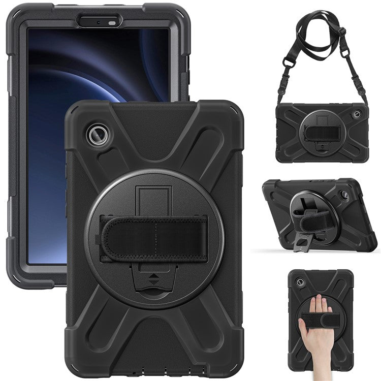 For Samsung Galaxy Tab A9 Tablet Case Kickstand PC+Silicone Cover with Hand Band / Shoulder Strap - Black