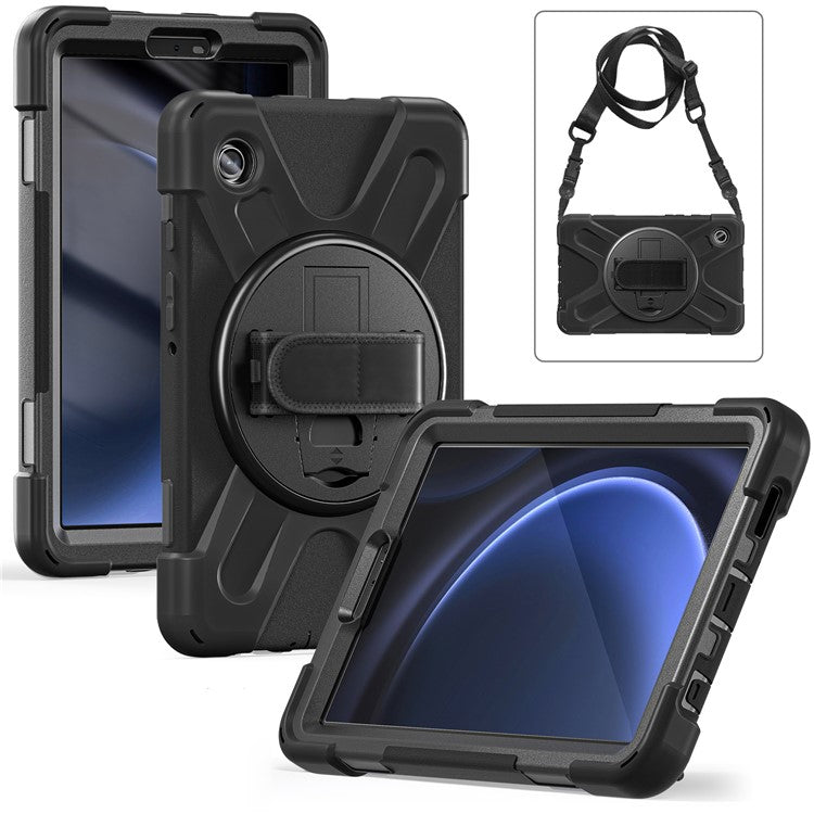 For Samsung Galaxy Tab A9 Tablet Case Kickstand PC+Silicone Cover with Hand Band / Shoulder Strap - Black