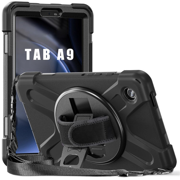 For Samsung Galaxy Tab A9 Tablet Case Kickstand PC+Silicone Cover with Hand Band / Shoulder Strap - Black