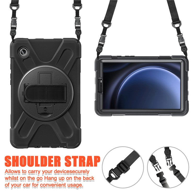 For Samsung Galaxy Tab A9 Tablet Case Kickstand PC+Silicone Cover with Hand Band / Shoulder Strap - Black