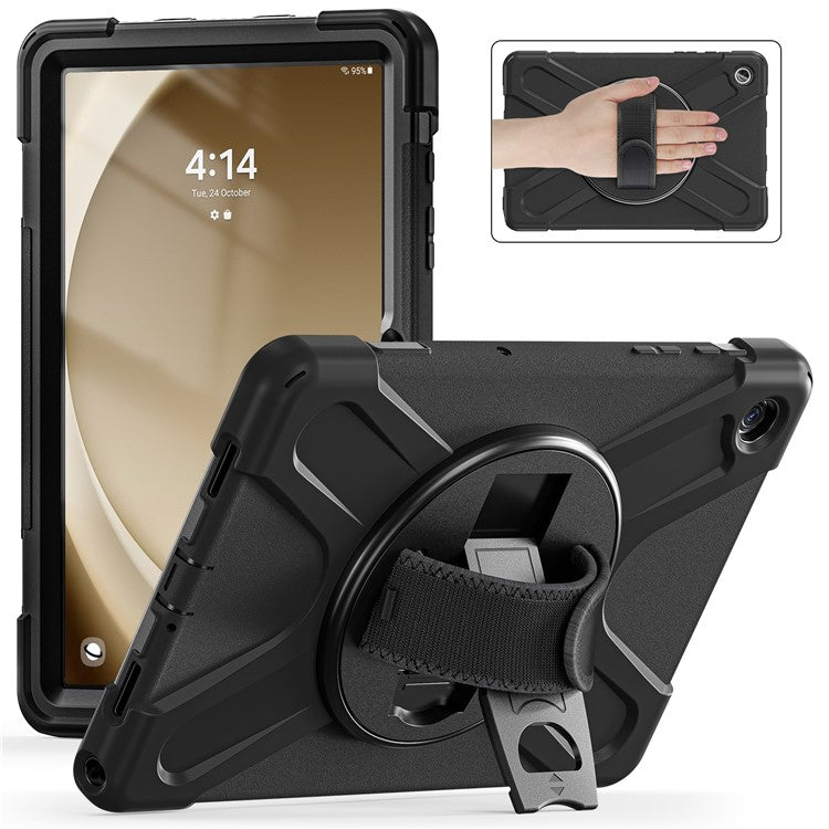 For Samsung Galaxy Tab A9+ Case PC+Silicone Rotary Kickstand Cover with Hand Strap - Black