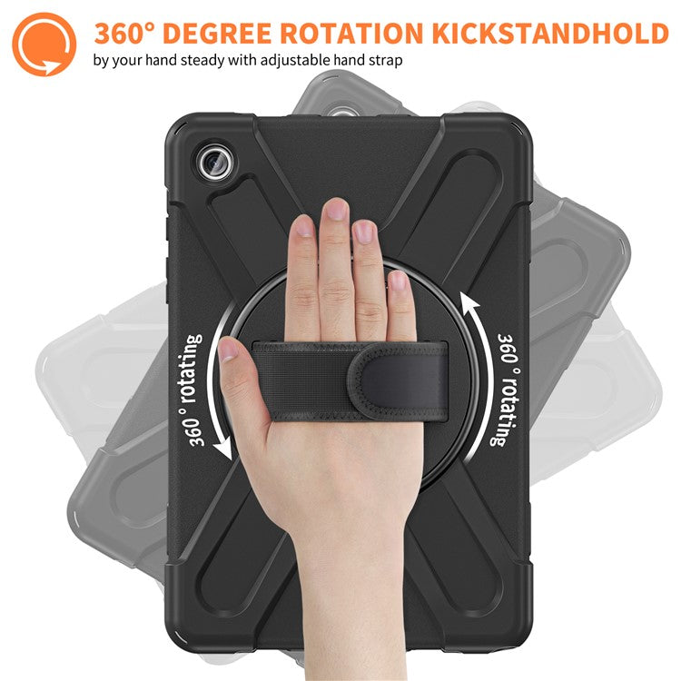 For Samsung Galaxy Tab A9+ Case PC+Silicone Rotary Kickstand Cover with Hand Strap - Black