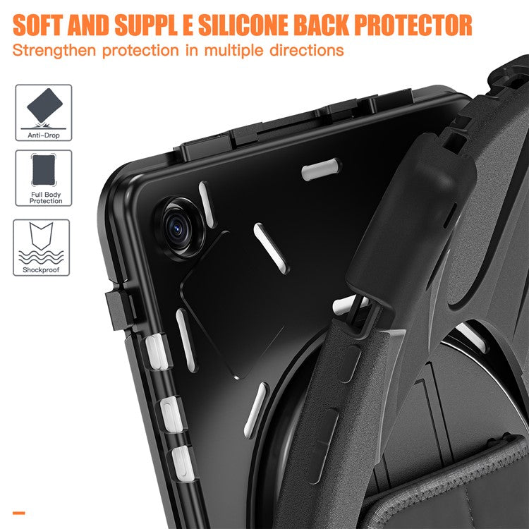 For Samsung Galaxy Tab A9+ Case PC+Silicone Rotary Kickstand Cover with Hand Strap - Black