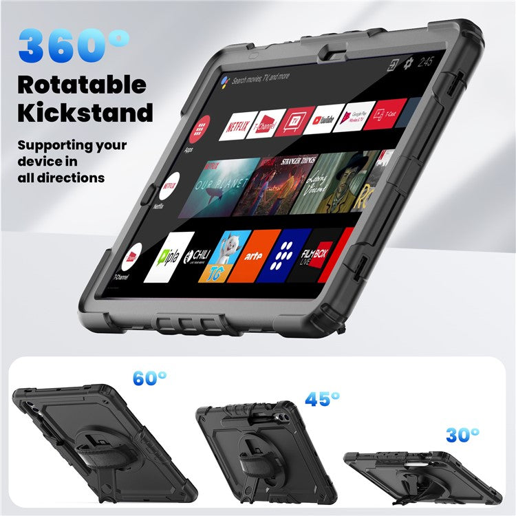 For Samsung Galaxy Tab S9 FE+ SM-X610 SM-X616B Tablet Cover PC+Silicone Case with PET Screen Protector and Kickstand - Black+Black