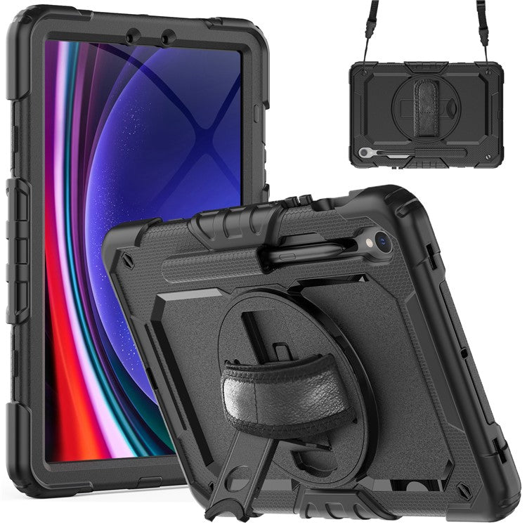 For Samsung Galaxy Tab S9 FE SM-X510 SM-X516B PC+Silicone Cover  Kickstand Tablet Case with PET Screen Protector and Hand Strap - Black+Black