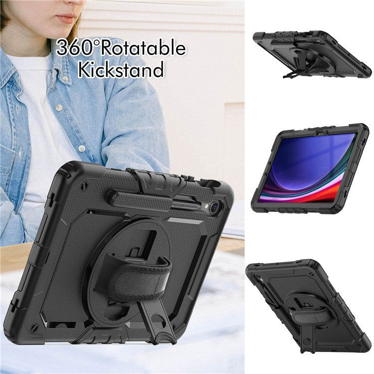 For Samsung Galaxy Tab S9 FE SM-X510 SM-X516B PC+Silicone Cover  Kickstand Tablet Case with PET Screen Protector and Hand Strap - Black+Black