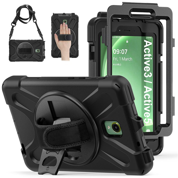 For Samsung Galaxy Tab Active 3 T570 / Tab Active5 X306B Case PC+Silicone Protective Cover with Shoulder Strap - Black