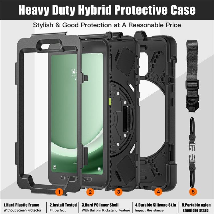 For Samsung Galaxy Tab Active 3 T570 / Tab Active5 X306B Case PC+Silicone Protective Cover with Shoulder Strap - Black