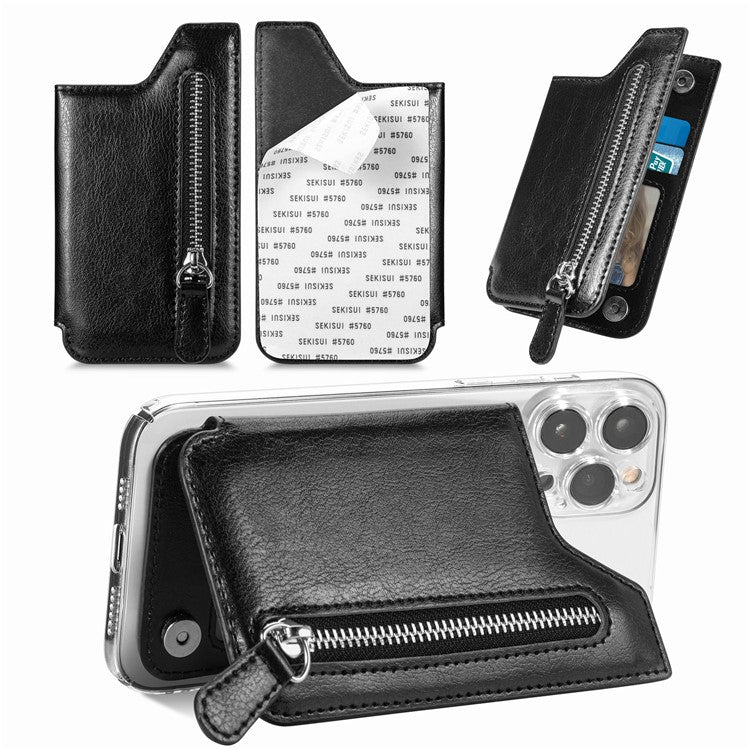 Phone Zipper Wallet Card Bag PU Leather Adhesive Kickstand Card Holder - Black