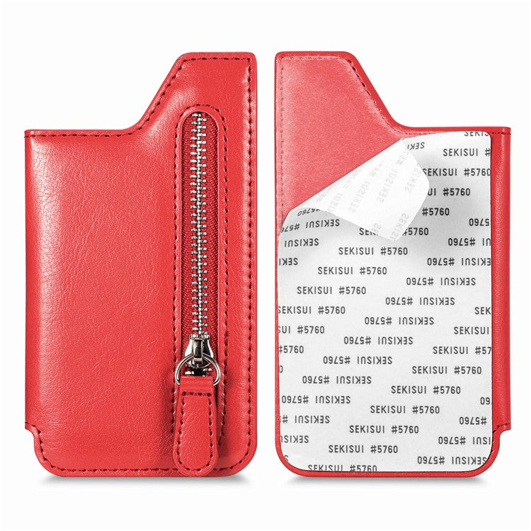 Phone Zipper Wallet Card Bag PU Leather Adhesive Kickstand Card Holder - Red