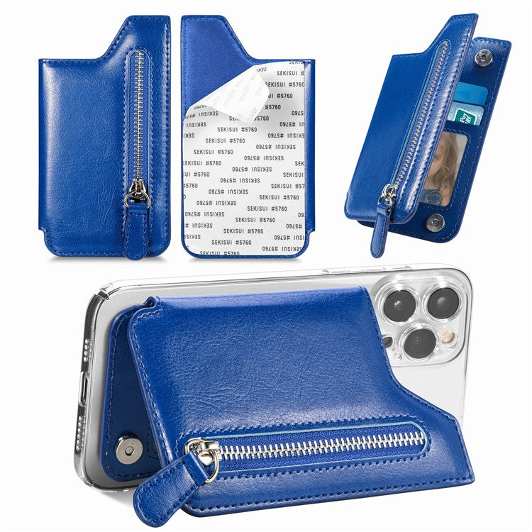 Phone Zipper Wallet Card Bag PU Leather Adhesive Kickstand Card Holder - Blue