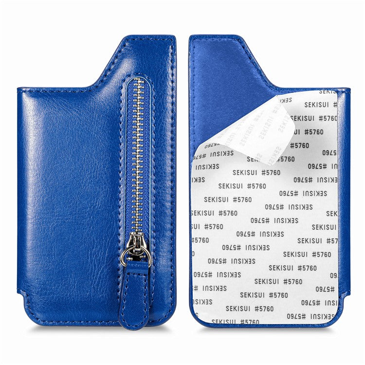 Phone Zipper Wallet Card Bag PU Leather Adhesive Kickstand Card Holder - Blue