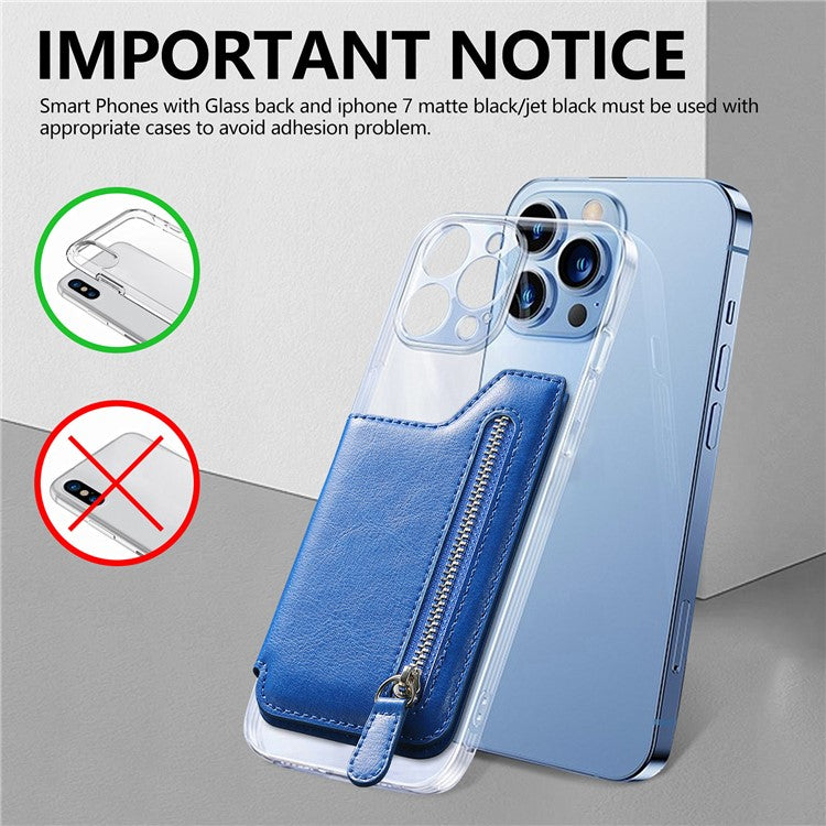 Phone Zipper Wallet Card Bag PU Leather Adhesive Kickstand Card Holder - Blue