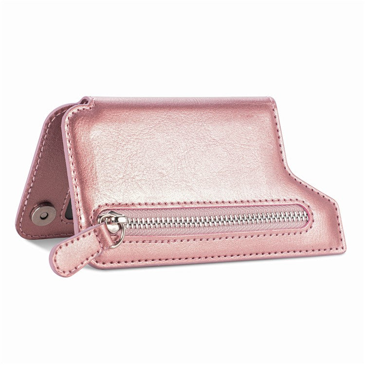 Phone Zipper Wallet Card Bag PU Leather Adhesive Kickstand Card Holder - Rose Gold