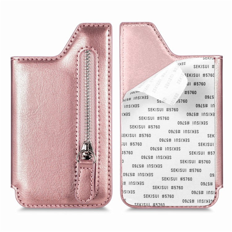 Phone Zipper Wallet Card Bag PU Leather Adhesive Kickstand Card Holder - Rose Gold