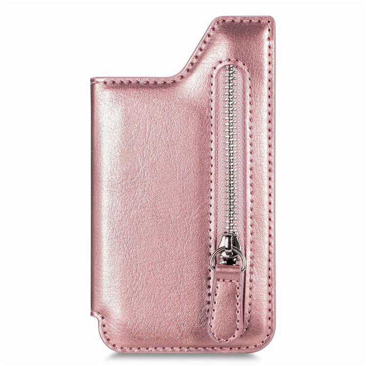 Phone Zipper Wallet Card Bag PU Leather Adhesive Kickstand Card Holder - Rose Gold