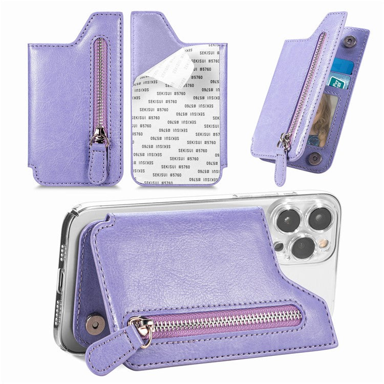 Phone Zipper Wallet Card Bag PU Leather Adhesive Kickstand Card Holder - Light Purple