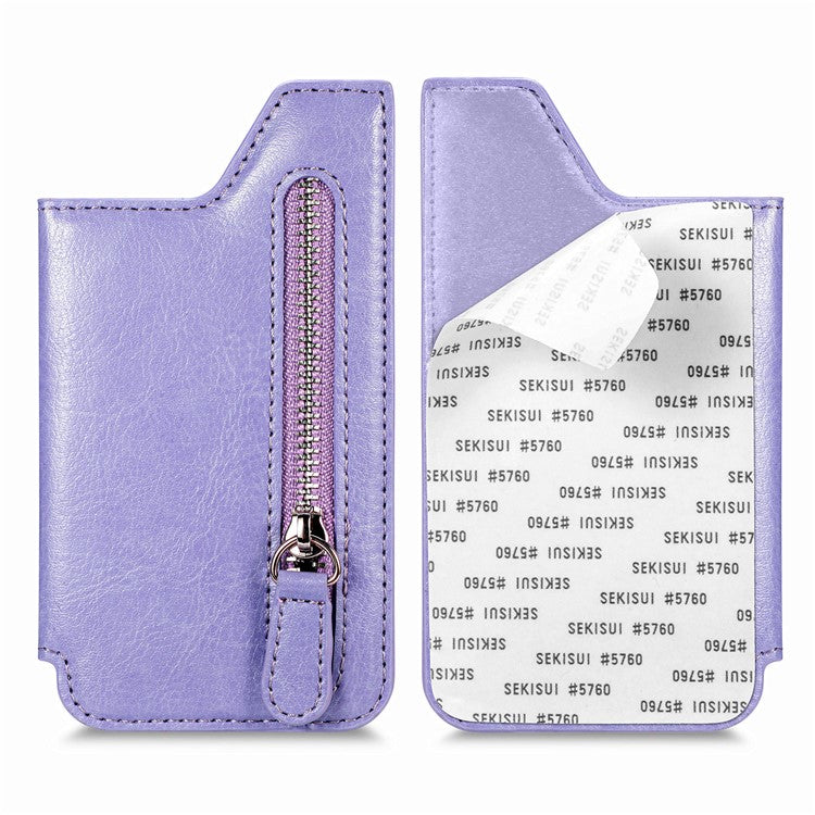 Phone Zipper Wallet Card Bag PU Leather Adhesive Kickstand Card Holder - Light Purple