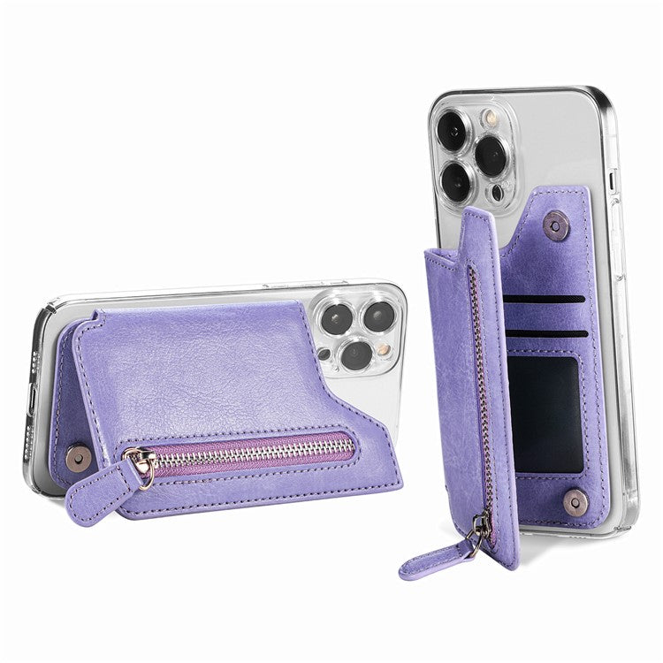 Phone Zipper Wallet Card Bag PU Leather Adhesive Kickstand Card Holder - Light Purple