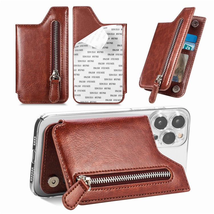 Phone Zipper Wallet Card Bag PU Leather Adhesive Kickstand Card Holder - Brown